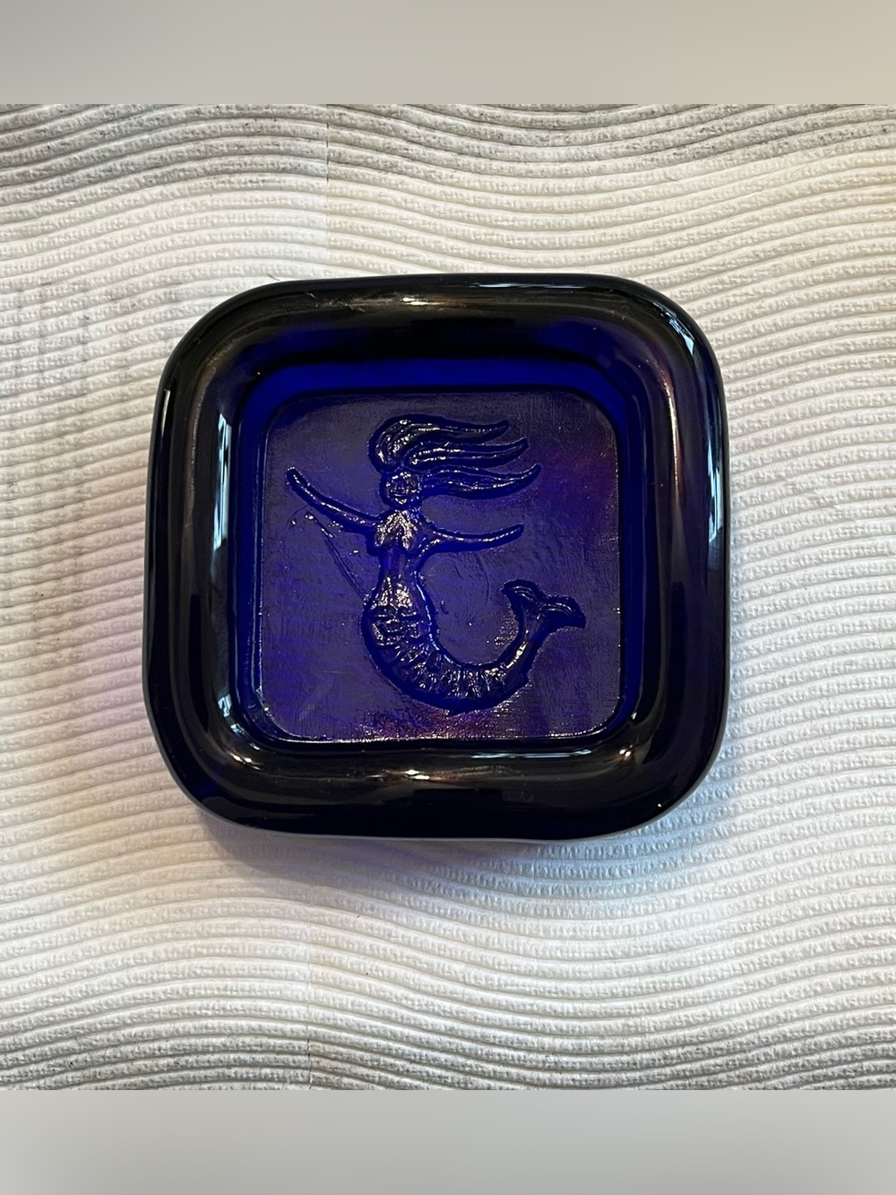 Vintage Cobalt Blue Glass Mermaid Ashtray/Trinket Dish